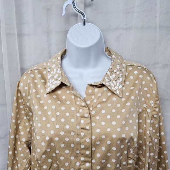 Lane Bryant Tan White Polka Dot Blouse Beaded Button-Down 16 - Picture 2 of 12